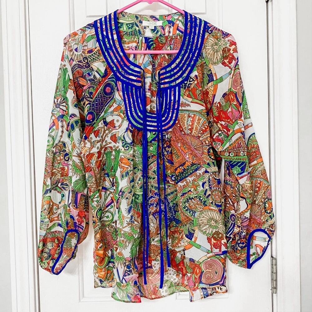 JADE MELODY TAM • Blue Floral Animal Print Colorful Flounce Sleeve Top